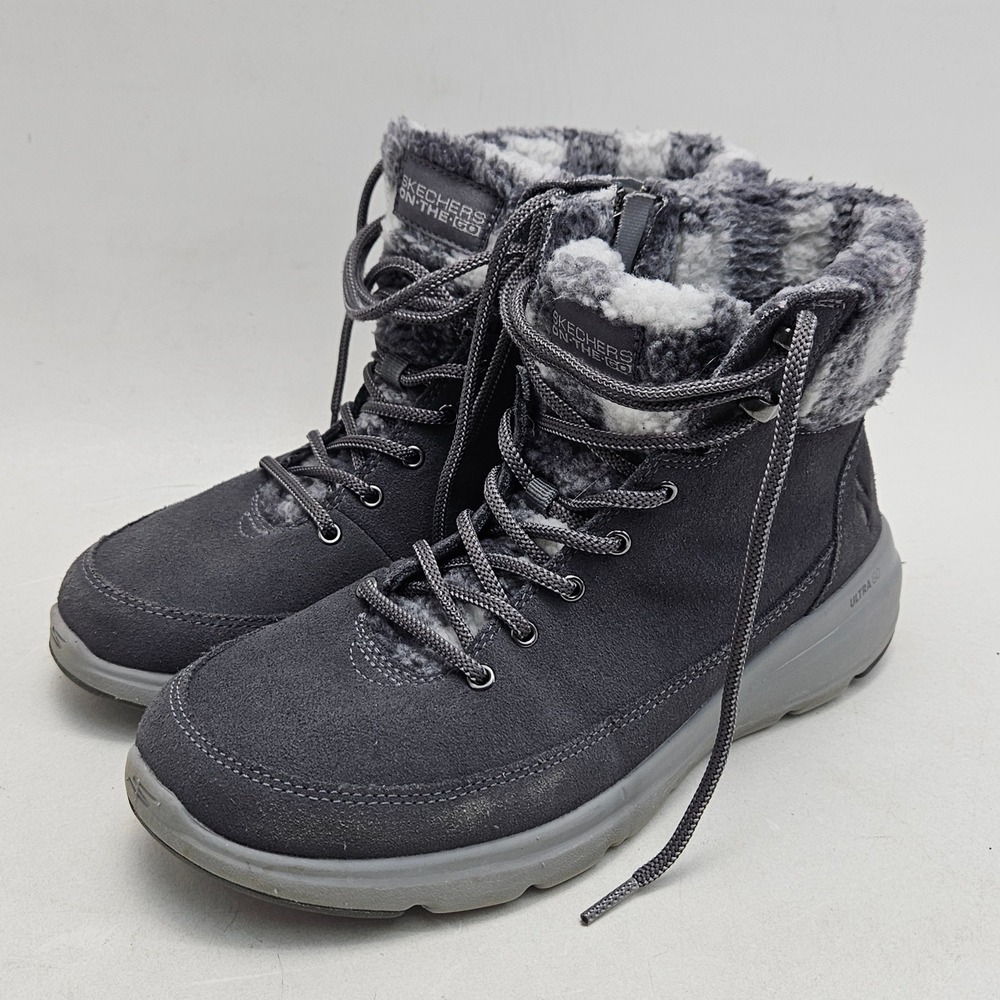 Skechers On-The-Go Joy Savvy Women 8.5 Charcoal Grey Suede Faux Fur Plaid Boots